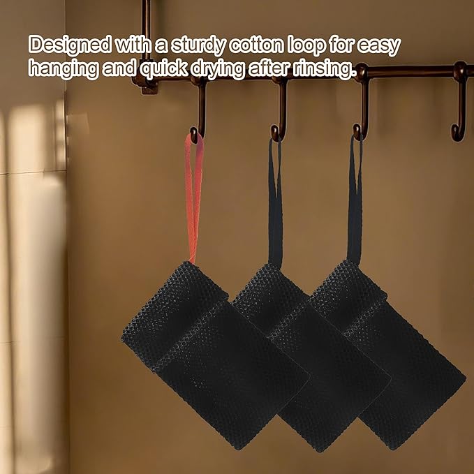 2 Pack Soap Bag Deep Exfoliating,Bar Soap Pouch Saver Pocket,Body Scrubber Shower Bath Sponge Loofah (Black)