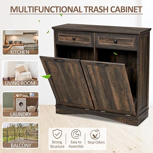 AHB Double Tilt Out Trash Can Cabinet Freestanding Kitchen Trash Can, 2x13 Gallons Hidden Garbage Recycling Cabinet with Hideaway Drawers Pet Proof Trash Can Holder for Kitchen, Rustic Brown