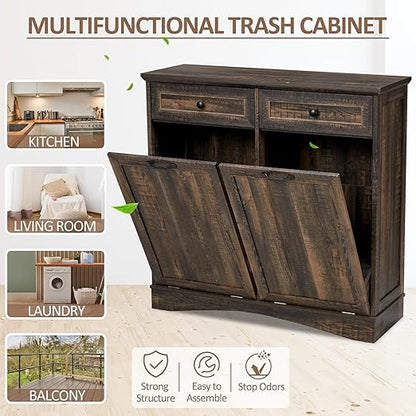 AHB Double Tilt Out Trash Can Cabinet Freestanding Kitchen Trash Can, 2x13 Gallons Hidden Garbage Recycling Cabinet with Hideaway Drawers Pet Proof Trash Can Holder for Kitchen, Rustic Brown
