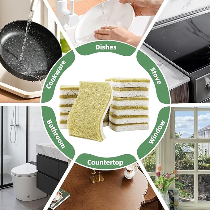 Kitchen Cleaning Sponges, Natural Cellulose Dish Sponge with Coconut Fiber Scrubber for Dishes, Pots and Pans, Eco Friendly Household Cleaning Sponge, 12 Pack