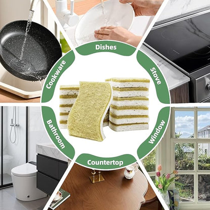 Kitchen Cleaning Sponges, Natural Cellulose Dish Sponge with Coconut Fiber Scrubber for Dishes, Pots and Pans, Eco Friendly Household Cleaning Sponge, 12 Pack
