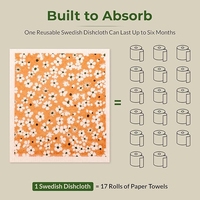 Swedish Dishcloths, Vintage Plant-Based Cellulose, 6.7x7.5 Inch, Super Absorbent, Multi-Surface, Machine Washable, Reusable, 5 Pack (Orange Green)