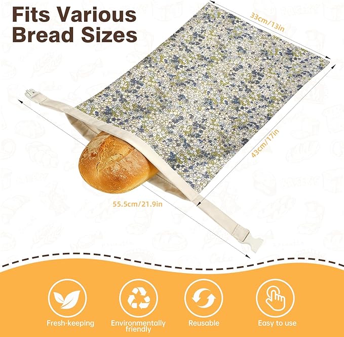 2 Pack XL Reusable Beeswax Bread Bags for Sourdough Baking, Organic Waxed Lined, Cotton Bread Bags for Homemade Bread, Food-Storage Bag to Keep Fresh