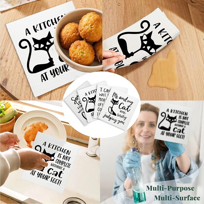 Cat Swedish Dishcloths for Kitchen, Papaya Reusable Paper Towels, 4 Pack Dish Towels for Kitchen, Reusable Paper Towels Washable, Swedish Dish Cloths