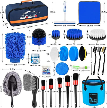 32Pcs Car Detailing Brush Set, Car Detailing Kit, Auto Detailing Drill Brush Set, Car Detailing Brushes, Car Wash Cleaning Tools Kit with Wash Mop for Interior, Exterior, Wheels, Blue