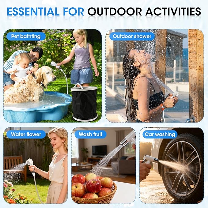 Portable Camping Shower, Outdoor Shower Kit, Hose, Spray Gun & Folding Bucket, Rechargeable Battery Powered Portable Shower for Camping, Hiking, Beach,RV,Pet Cleaning & Road Trips