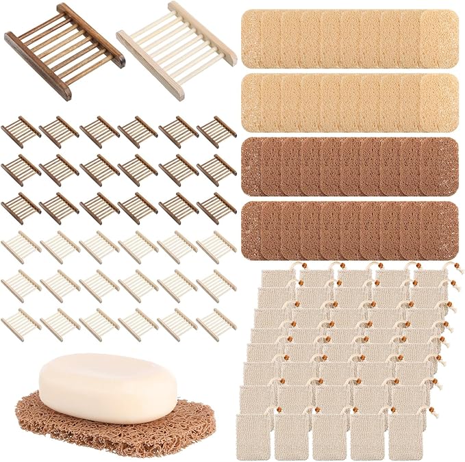 120 Pcs Soap Saver Set Including Wooden Dish, Exfoliating Bag, Saver Pads Bulk with Self Drain, Bar Soap Holder Mesh Bag for Shower Bath Home Toilet Kitchen Hotel Restaurant
