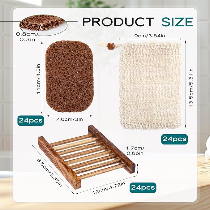 Threehoney 72 Pcs Soap Saver Set Including Wooden Dish Exfoliating Bag Saver Pads Bulk with 100 OPP Transparent Bags 2 Bundles Paper Ropes for Wedding Homemade Gift Mother‘S Day(Carbonized Color)