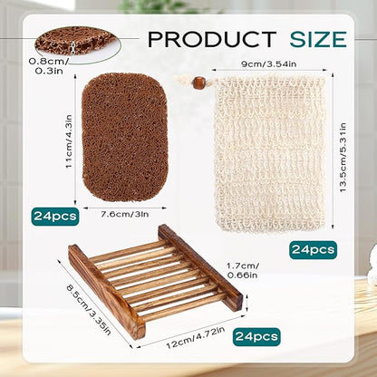 Threehoney 72 Pcs Soap Saver Set Including Wooden Dish Exfoliating Bag Saver Pads Bulk with 100 OPP Transparent Bags 2 Bundles Paper Ropes for Wedding Homemade Gift Mother‘S Day(Carbonized Color)