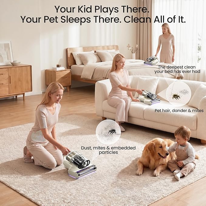 Bed Vacuum Cleaner, 20Kpa Mattress Vacuum Cleaner with 253.7nm UV-C Light & Dual Ultrasonic Tech, 149°F Hot Air, Pet Hair Brush for Cleaning Bed, Sofa, Carpet and Baby Crib