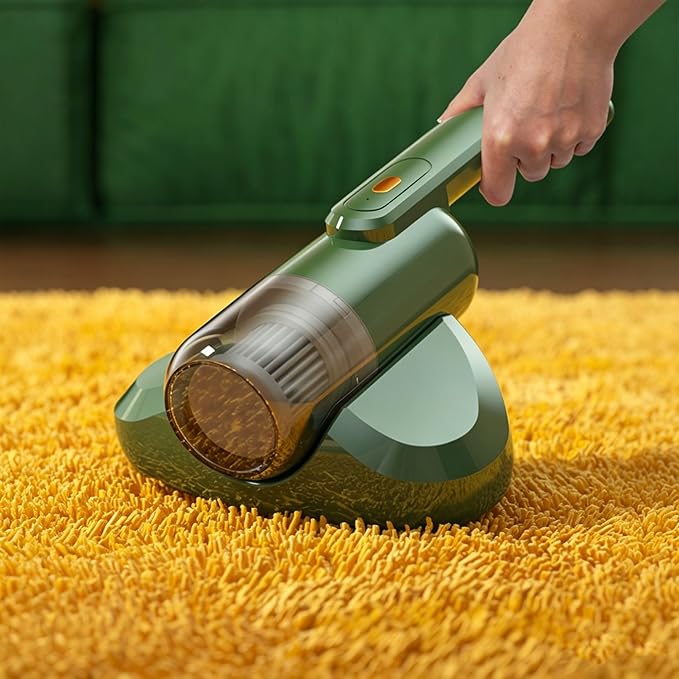 Mattress Vacuum Cleaner Wireless USB Charging Versatile Handheld Vacuums UV-C Light Hot Air Dehumidification Low Noise Strong Suction for Sofa, Car, Carpet, Pet Hair (Green)