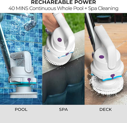 KOKIDO Rechargeable 3-in-1 Pool Brush Head Scrubber - Electric Scrub Brush for Walls, Waterlines, Floors - 3 Brush Heads, 40-Min Runtime, 180° Pivotable Handle, for Inground Aboveground Pools and Spas