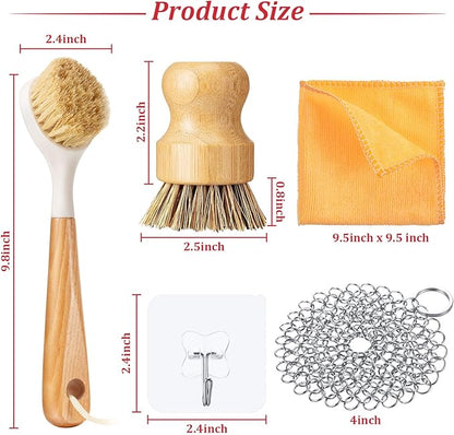 Patelai 8 Pieces Cast Iron Cleaning Kit Skillet Cleaner Set Include Stainless Steel Chainmail Scrubber Bamboo Dish Scrub Brushes Pan Grill Scrapers for Cleaning Pot Pans Skillets Kitchen(Orange)