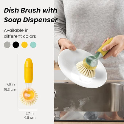 Vigar Rengo Dish Brush with Soap Dispenser - Dish Scrubber with Handle, Kitchen Scrub Brush for Dishes, Sink Cleaning Brush, Soap Dispensing Dish Wand with Nylon Bristles, Non Scratch - Mustard