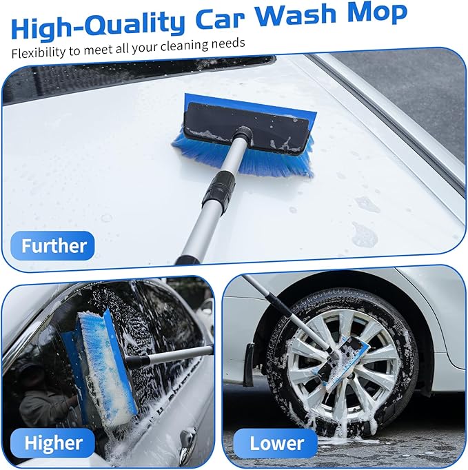 Ordenado 56" Car Wash Brush with Long Handle - Car Cleaning Brush with Soft Bristle & Squeegee, Scratch-Free Car Cleaning Mop Kit for Washing Exterior & Snow, Universal for RV Boat Truck SUV Blue