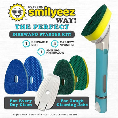 The Original Smiling Handle with Soap Dispensing for Scrub Daddy (Reg. TM) Sponges and Scrub Moji Sponge with Smilyeez Caddy, Dishwand, and 2 Scrub Mojis (Light Blue)