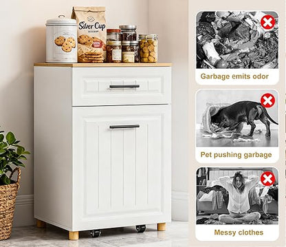 ZIFTY Pull Out Trash Can Cabinet for 10.25 Gallon Bins Freestanding Kitchen Trash Bin Cabinet with Drawer Pet Proof Wooden Garbage Recycling Laundry Hamper Storage for Living Room