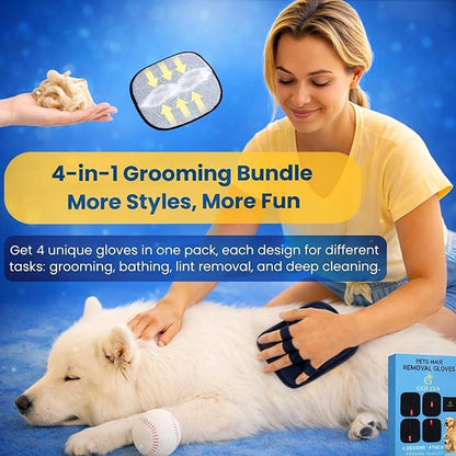 4 Pack Pet Hair Removal Glove for Dogs & Cats, 4 Designs Electrostatic Magic Brush Pet Hair Remover, Reusable Dog Hair Remover, Washable Pet Grooming Tools for Carpet, Sofa, Clothes & Car Seats