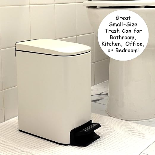 Homie Soft Close, Slim Trash Can 6 Liter / 1.6 Gallon with Anti - Bag Slip Liner and Lid, Use as Mini Garbage Basket, Slim Dust Bin, or Decor in Bathroom, Restroom, Kitchen, or Bedroom (Matte White)