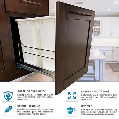 Rok Hardware Soft Closing Undermount Kitchen Cabinet Heavy Duty Pull Out Organizer Trash and Recycling Center with White Finish Dual 36 Quart Capacity Waste Recycle Bins Garbage Can, ROKRECYCLE3