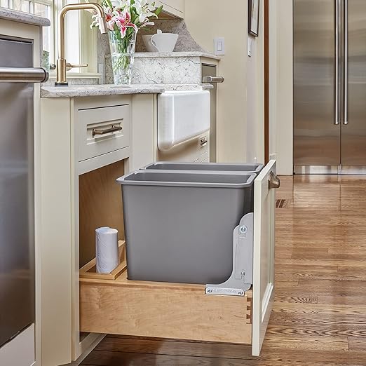 Rev-A-Shelf 35 Qt Bottom Mount Double Pullout Under Cabinet Kitchen Trash Cans w/Soft-Close for Base Cabinets, 150 Pound Rated Full-Extension Slides, Min Opening Width of 14.5", Gray, 4WCBM-18DM-2