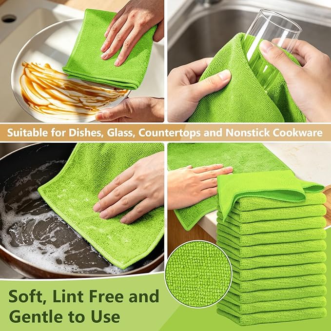 Kitchen Dish Cloths, 12 Pack, 10 x 10 Inches, Absorbent Coral Velvet Dish Towels, Soft Lint Free Reusable Dish Cloths for Dishes, Sink and Countertop, Green