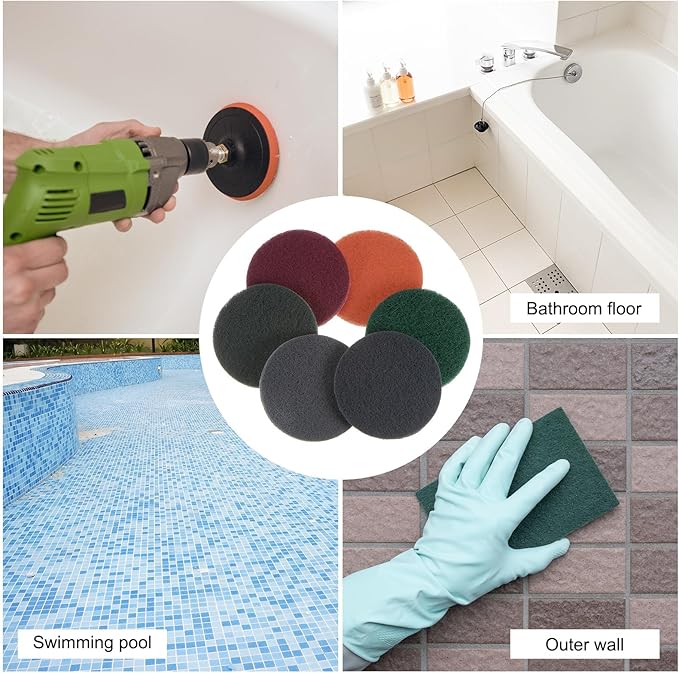 HARFINGTON 15pcs Drill Power Brush 4 Inch Tile Scrubber Scouring Pads 1500 Grit for Bathroom Kitchen Household Cleaning