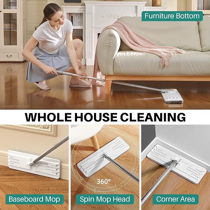 JOYMOOP Flat Mop and Bucket Set with Microfiber Pad, 12 Disposable Toilet Brushes with Stainless Steel Holder, Multi-Functional Cleaner for Household & Commercial Use, Floors, Windows & Toilets