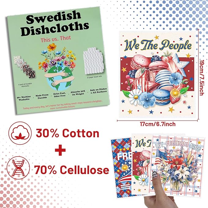 4th of July Reusable Swedish Dishcloths for Kitchen, 6PCS 250 Years of Freedom Cellulose Sponge Paper Towels Washable, Absorbent Fast Drying Swedish Dish Cloth for Home Cleaning