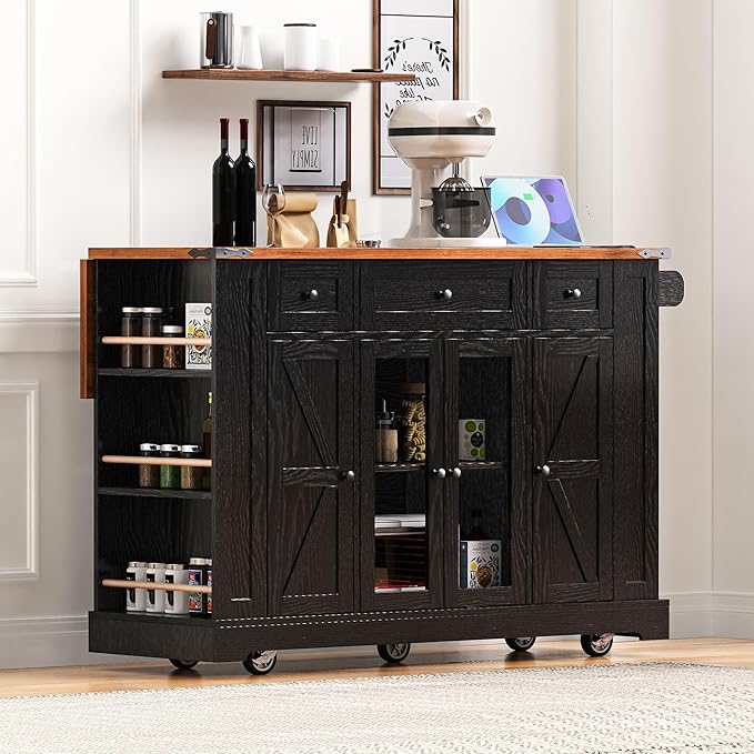 53" Farmhouse Kitchen Island with 2 Tempered Glass Cabinet Doors, Power Outlet, Rolling Kitchen Cart on Wheels with Drop Leaf, 5 Open Side Racks, 3 Drawers, for Kitchen, Black