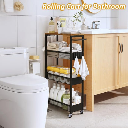7.1" Wide Slim Rolling Utility Cart, 4 Tier Metal Narrow Storage Cart with Handle and Wood Top, Multifunctional Small Mobile Shelf Unit Organizer Trolley for Laundry, Bathroom, Kitchen