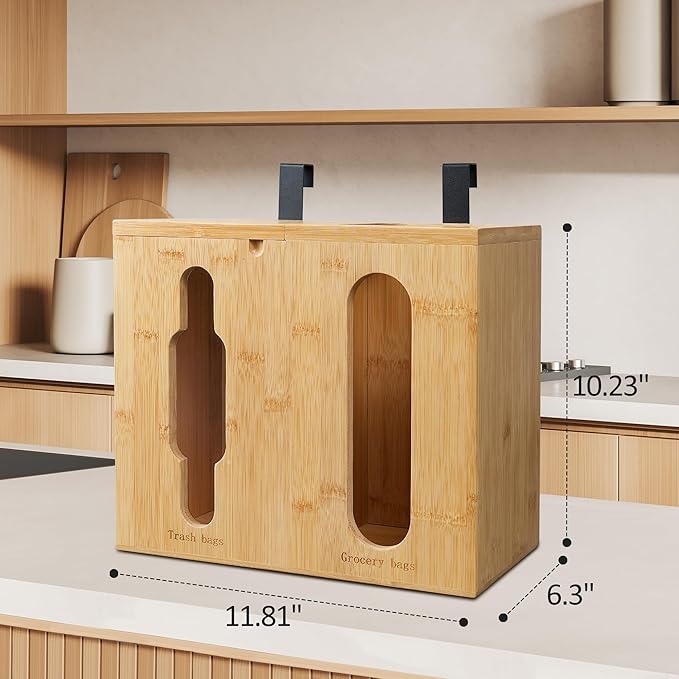 Trash Bag Dispenser & Grocery Bag Organizer, 2 in 1 Bamboo Garbage Bags Storage Box for Cabinet Door or Wall Mount