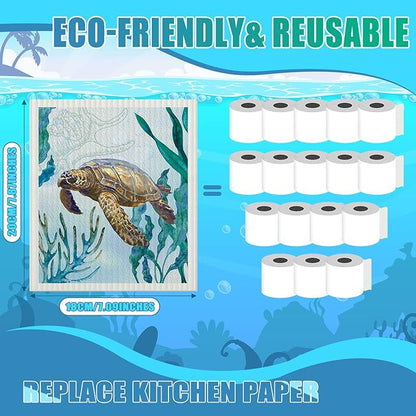 Remagr 6 Pcs Swedish Kitchen Dish Towels Kitchen Cloths Reusable Sponge Cleaning Cloths Absorbent Dish Cloth Quick Drying Washable Cleaning Wipes No Odor Hand Towel (Marine Life)