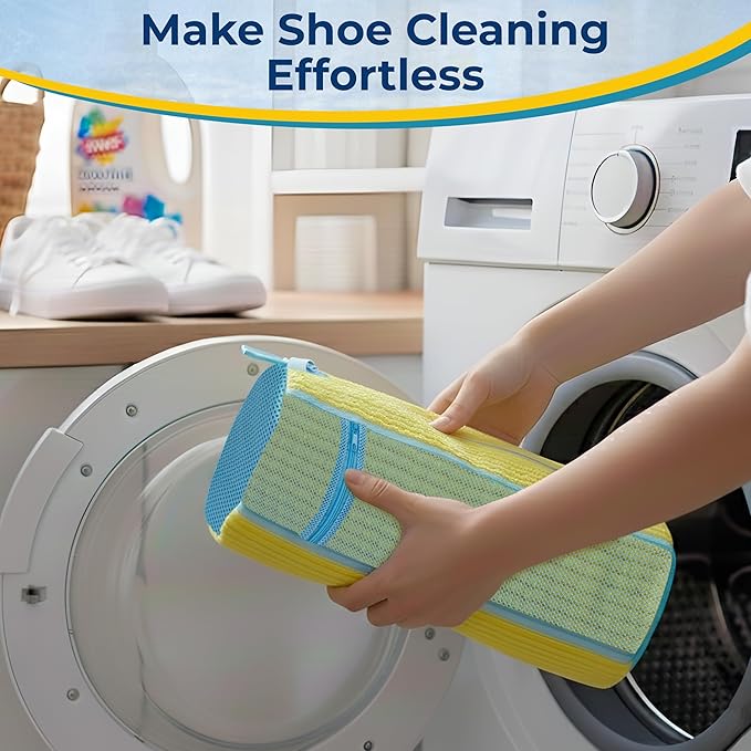 Shoe Washing Machine Bag, 2 Pcs Reusable Laundry Shoe Bag for Washer and Dryer, 360 Deep Cleaning Sneaker Washing Bag with Zipper, Mesh Pockets and Hanging Strip, Fits All Shoe Types & Sizes, Yellow