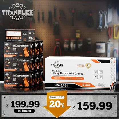 TitanFlex Heavy Duty Orange Industrial Nitrile Gloves with Raised Diamond Texture, Latex Free (6mil/8mil)