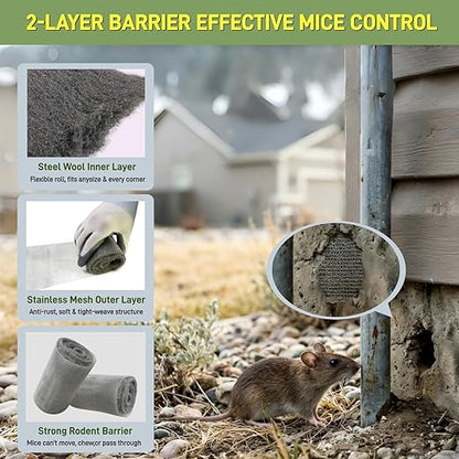 Steel Wool Mice Control, 3 Pack 3’’x11.5Ft Steel Wool & 1 Pack 5’’x15Ft Stainless Steel Wire Mesh with Gloves, Scissors & Wood Stick, Mouse Hole Filler DIY Kit for House & Garage, Wall Gaps