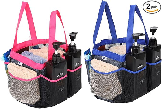 2 Pack Haundry Mesh Shower Caddy Tote Bag Hanging Portable Toiletry Bag College Dorm Essentials Quick Dry Bath Organizer for College Dorms, Gym, Camp for Bathroom Accessories(Pink+Blue)