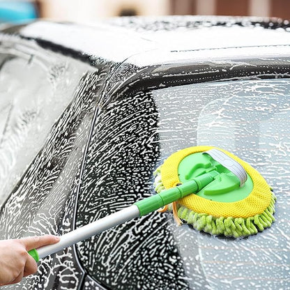 47" Car Wash Brush Mop Cleaning Tool with Long Handle Kit for Washing Detail Car Truck, SUV, RV, Trailer, Boat 2 in 1 Chenille Microfiber Sponge Duster, Paint Scratch Free