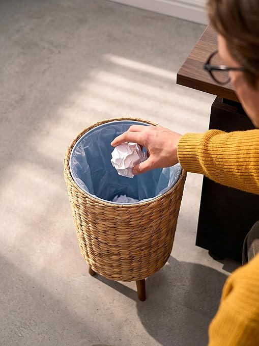 Tidita 3 Gallon Wicker Trash Can with Lid, Water Hyacinth Wicker Waste Basket for Bathroom - Decorative Bathroom Trash Can with Wooden Leg - Rattan Garbage Can with a Lid, Liner - Assembly Required