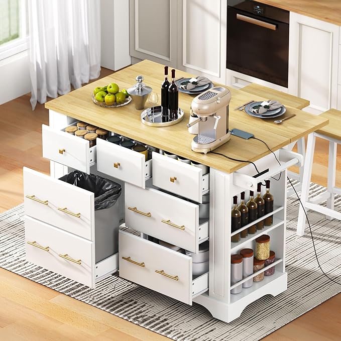 51.2" Kitchen Island with 6 Drawers, Pull Out Trash Can Storage, Rolling Kitchen Island on 5 Wheels with Drop Leaf, Power Outlet, 5 Open Side Racks for Kitchen, Dining Room, White