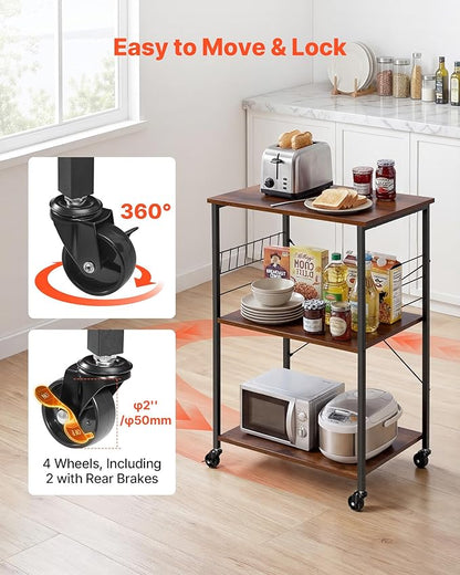 VEVOR Kitchen Utility Cart, 3 Tier 23.7 in Microwave Stand Coffee Cart, Heavy Duty Storage Rack, Service Trolley on Wheels, Industrial Rolling Work Table with 8 Hooks, for Mini Oven, Toaster, Vintage