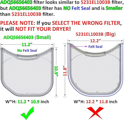 ADQ56656403 Lint Filter Replacement for LG Dryers and WashTowers, Ultra Durable Lint Screen Trap, Rim without Felt Seal, Filter Size 11.2 * 10.9 inch (28.4 * 27.6 cm)