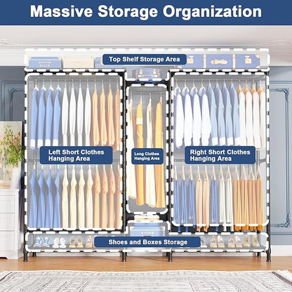 Ulif E12C Pro Heavy Duty Closet Organizer System，Freestanding Clothing Rack, Adjustable Garment Rack 71" W x 16" D x 76.5" H Holds 960 lbs, Black Rack with Black Dustproof Cover