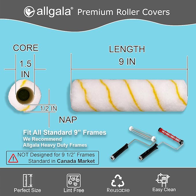 Allgala Paint Roller Covers, 12-Pack 9 Inch Shedless Paint Roller Covers 1/2 Inch Nap, Covers for Paint Roller Frame and Paint Roller Kit