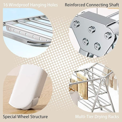 Stainless Steel Foldable Clothes Drying Rack with Adjustable Wings, Windproof Holes & Wheels | Heavy Duty 132 lb Load Capacity | Space-Saving Laundry Rack for Indoor & Outdoor Use