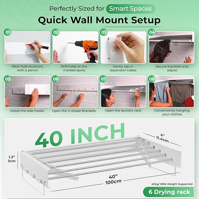 Wall Mount Clothes Drying Rack 40", Heavy Duty Foldable Design, Space Saving Laundry Solution For Small Spaces, Apartments & Homes, Wall Mounted Drying Racks For Laundry, Clothing Rack Wall Mount