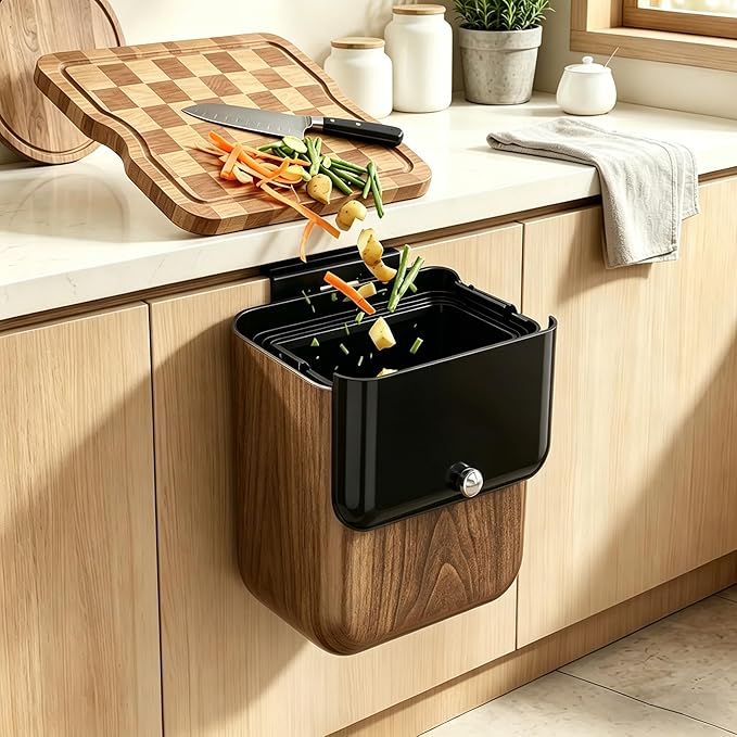 Large 3.2 Gallon Compost Bin, Under Sink Trash Can with Lid, Hanging Waste Cabinet for Office Kitchen Cupboard Bathroom Bedroom, Walnut Color