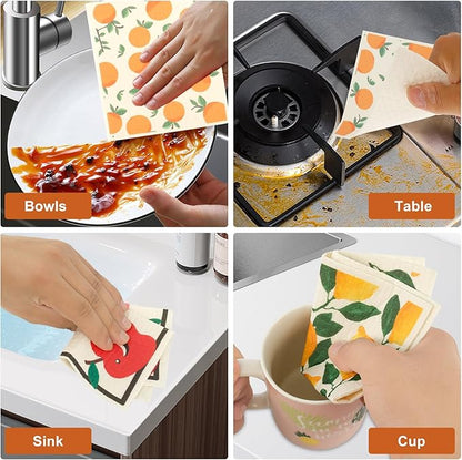 5Pcs Swedish Dishcloths for Kitchen, Quick-Drying Reusable Paper Towels, Absorbent Washable Kitchen Dish Rags, Soft Cellulose Sponge Cloths for Countertop Sink Flower Bird (5pcs Fruits)