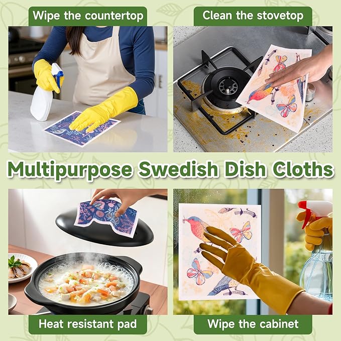 Polly Online Swedish Dishcloths for Kitchen,6 Pack Cloth Paper Towels Reusable Washable,Super Absorbent Dish Towels,No Odor,Biodegradable,Flowerbirds Design
