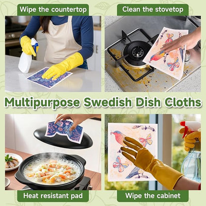 Polly Online Swedish Dishcloths for Kitchen,6 Pack Cloth Paper Towels Reusable Washable,Super Absorbent Dish Towels,No Odor,Biodegradable,Flowerbirds Design